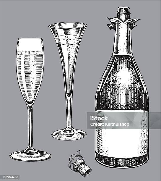 Champagne Bottle And Fluted Glasses Stock Illustration - Download Image Now - Champagne, Illustration, Addiction