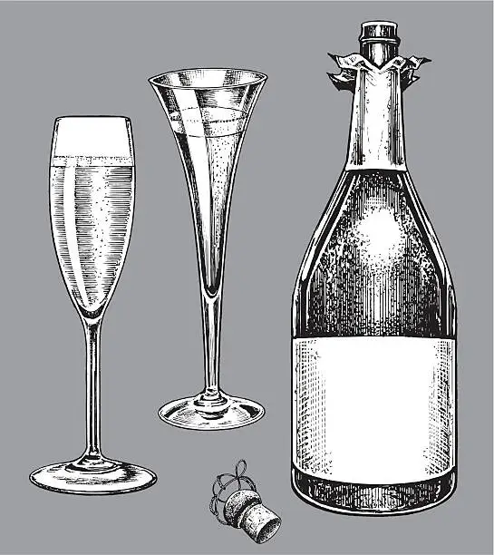 Vector illustration of Champagne Bottle and Fluted Glasses
