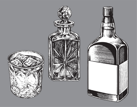 Pen and ink style illustrations of two Whiskey Bottles and Tumbler. Grouped for easy edits. Check out my 
