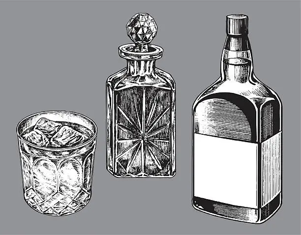 Vector illustration of Whiskey Bottle, Caraf and Tumbler Glass