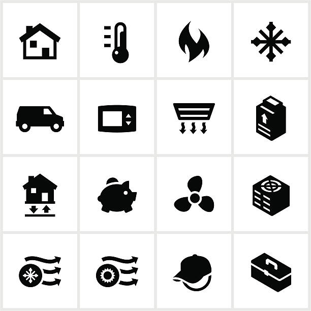 schwarze heizung und kühlung symbole - wärmepumpe stock-grafiken, -clipart, -cartoons und -symbole