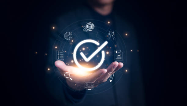 istock Standards quality control certification business technology concept. Businessman hand shows the sign of the top service Quality assurance, Guarantee, Service experience, ISO standardization, 1659539306