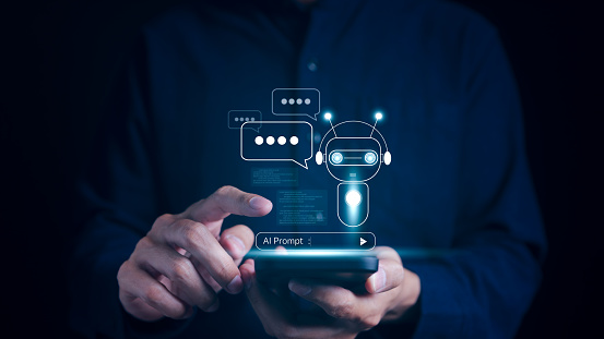Chat with AI, Artificial Intelligence. by enter command prompt for generates, A man using smartphone for work. Chatting with an intelligent ai asks for the answers he wants. Chat bot to help business,