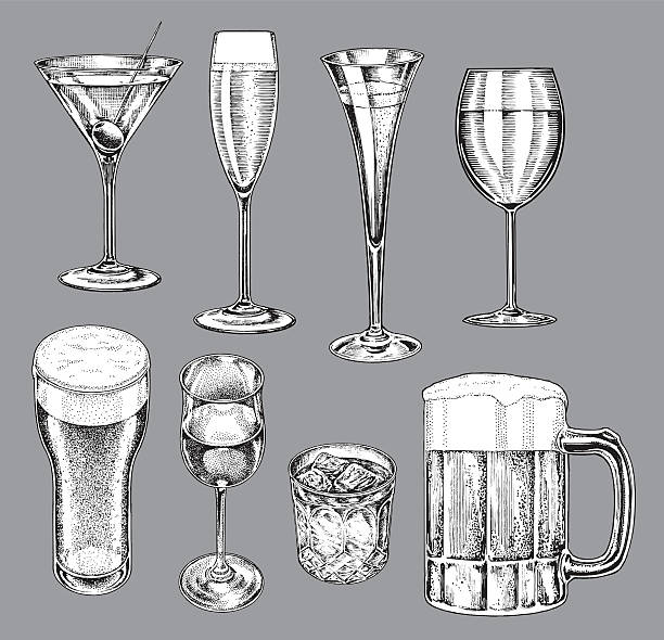 illustrations, cliparts, dessins animés et icônes de lunettes d'alcool, de la bière, du vin, du champagne, un martini - martini glass illustrations