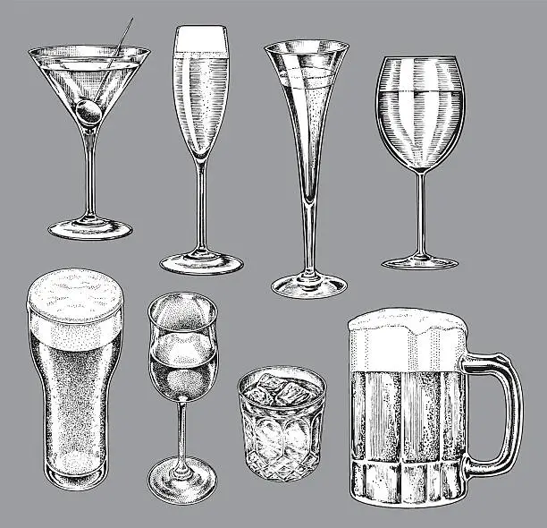 Vector illustration of Alcohol Glasses - Beer, Wine, Champagne, Martini