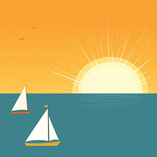 Sailboats at sunset Contemporary styled illustration of a pair of sailboats (sloop and catboat) sailing at sunset.   Copyspace on the water and in the sky.  AI CS4 file and large jpg included.  All elements labeled and organized on separate layers for easy changes.  sailing background stock illustrations