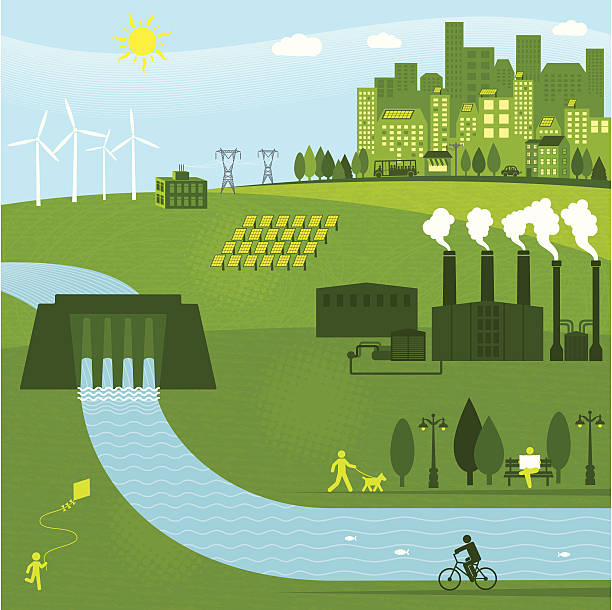 Renewable Energies Renewable energies powering a city power line illustrations stock illustrations