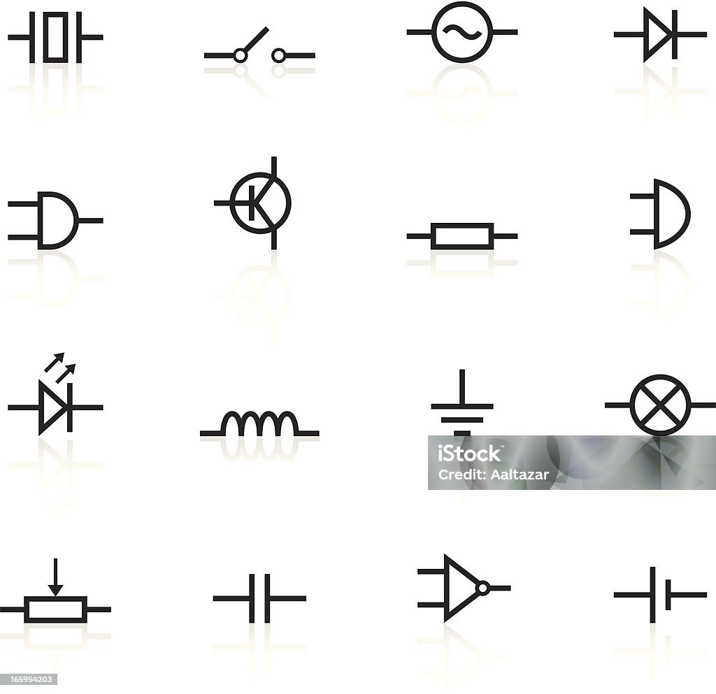 Illustrierte Schwarz elektronische Komponenten Symbole - Lizenzfrei Icon Vektorgrafik