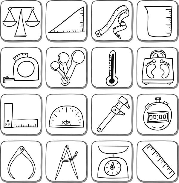 ilustraciones, imágenes clip art, dibujos animados e iconos de stock de doodle conjunto de iconos de medición en blanco y negro - kitchen utensil instrument of measurement spoon isolated