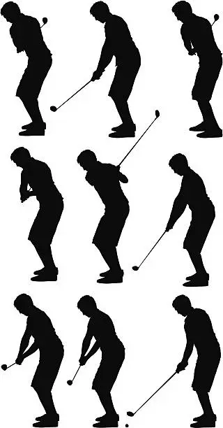 Vector illustration of Multiple images of a golfer playing