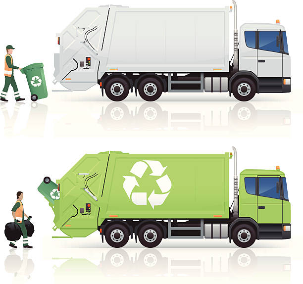 Garbage Trucks 2 bin lorries and 2 waste collector icons. Layered and grouped for ease of use. Download includes hi-res jpeg and EPS8 vector. trash illustrations stock illustrations