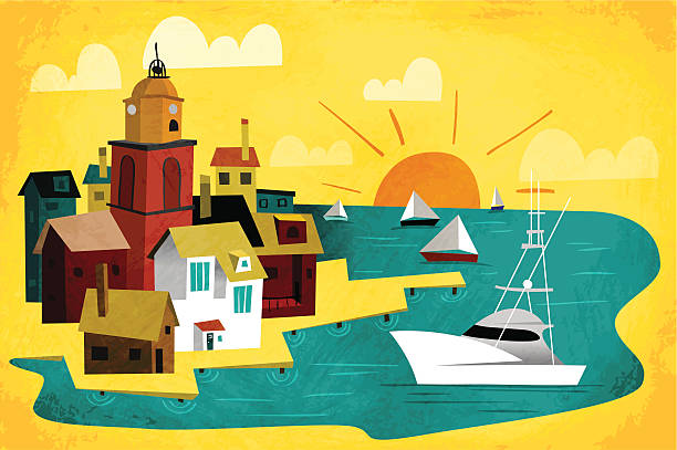 illustrazioni stock, clip art, cartoni animati e icone di tendenza di porta città - sailboat sunset sailing nautical vessel