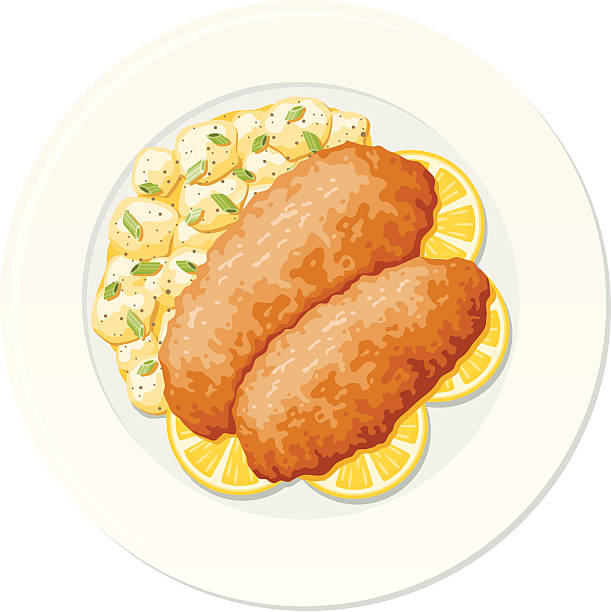 Viennese Wiener Schnitzel An overhead view of a plate of Viennese Wiener Schnitzel: a flattened breaded cutlet served with potato salad and garnished with lemon slices. Often considered Austria's National Dish. breaded stock illustrations