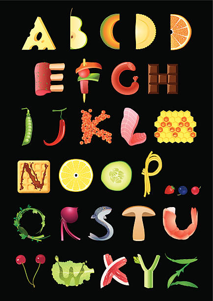 illustrazioni stock, clip art, cartoni animati e icone di tendenza di alfabeto alimentare - alphabet letter n food fruit