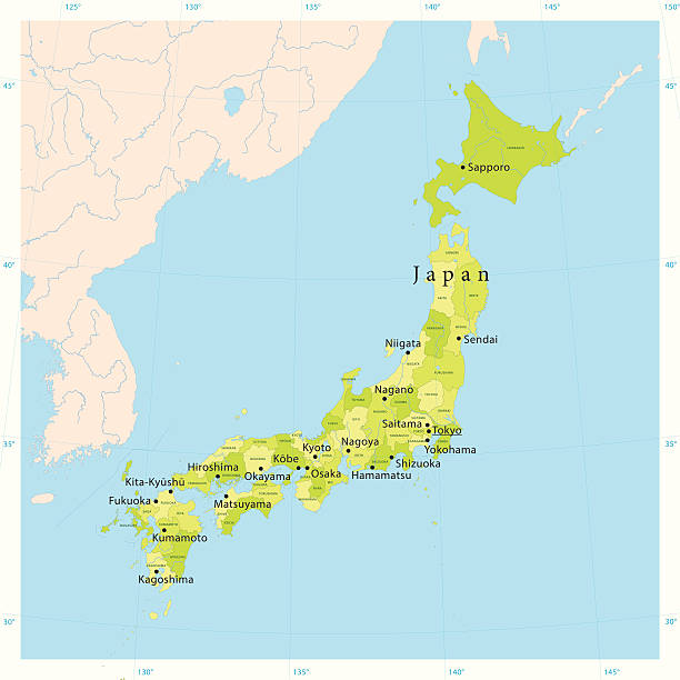 Japan Vector Map "Highly detailed vector map of Japan. File was created on August 23, 2012. The colors in the .eps-file are ready for print (CMYK). Included files: EPS (v8) and Hi-Res JPG (5600 x 5600 px)." osaka japan stock illustrations