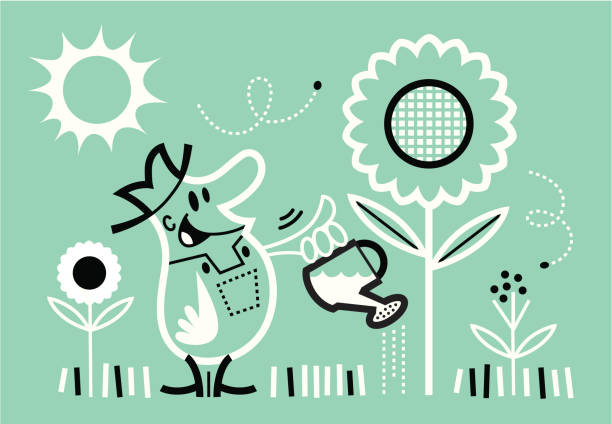 illustration of a farmer watering his flowers