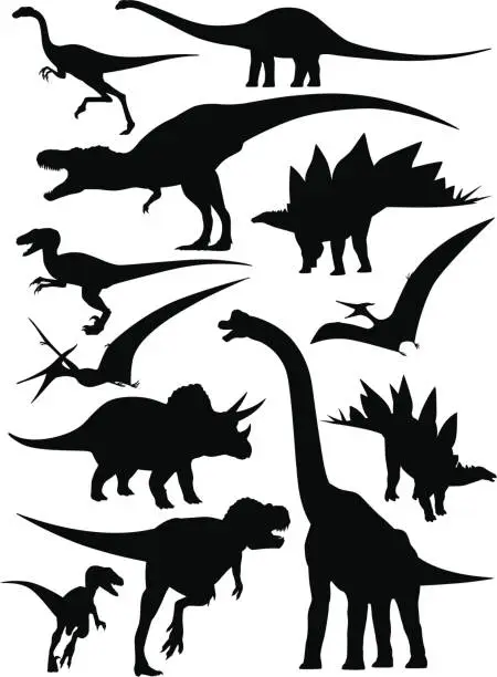 Vector illustration of Isolated silhouettes of different types of dinosaurs