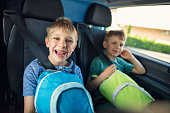 Happy little boys aged 7 travelling by car