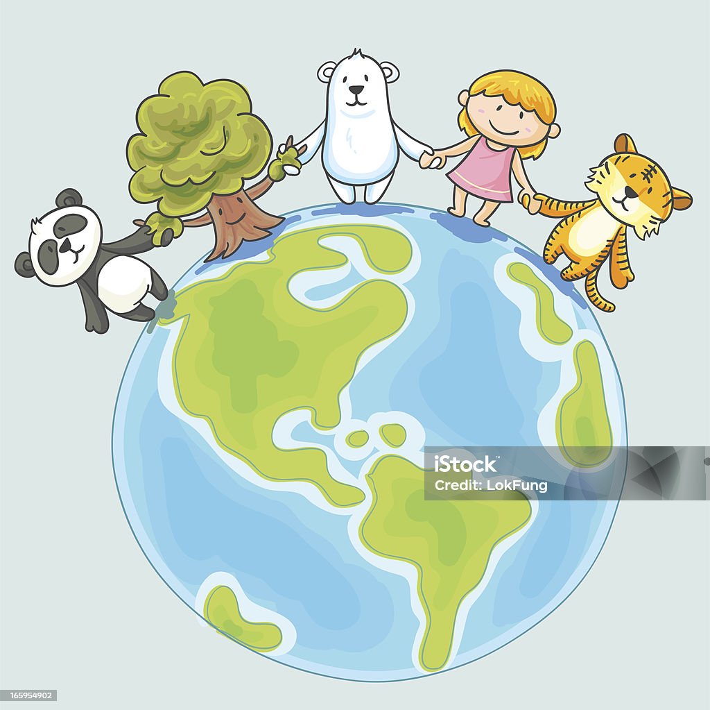 Little girl and endangered animals illustration Endangered animals illustration, in colourful colour style Adult stock vector