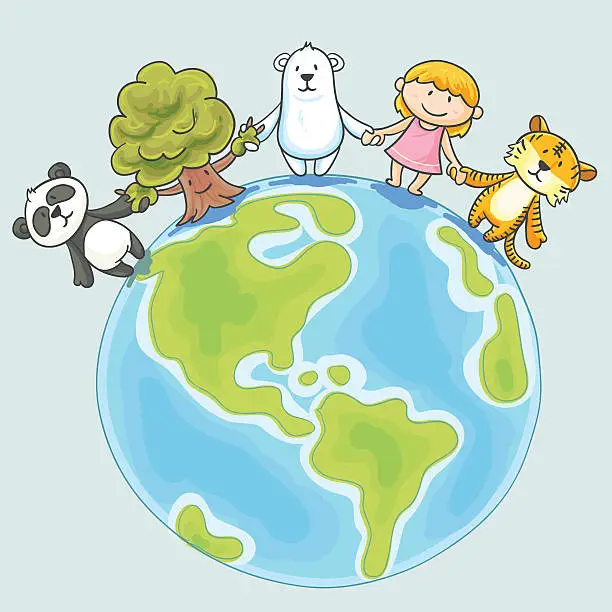Vector illustration of Little girl and endangered animals illustration