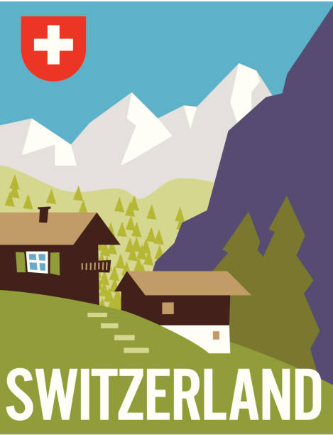 ilustrações, clipart, desenhos animados e ícones de suíça cartaz - interlaken mountain meadow switzerland