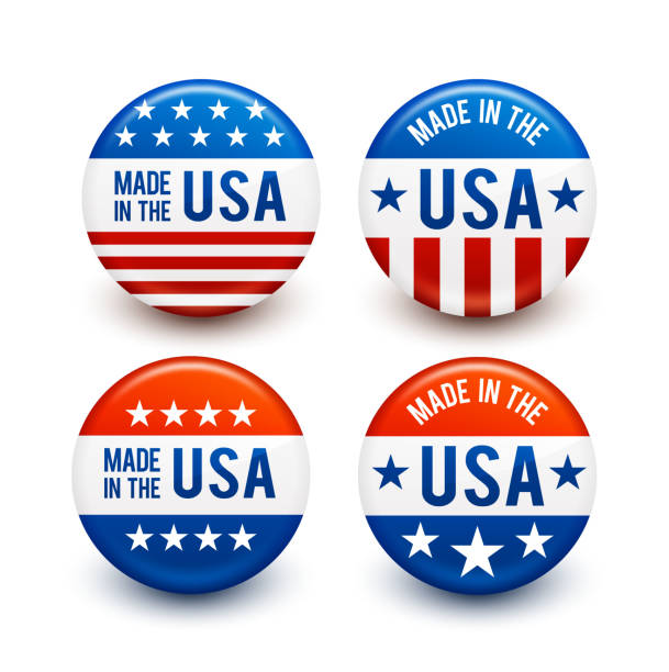 Made in the USA patriotic buttons set Made in the USA patriotic buttons set. Made in the USA royalty free vector illustration. This illustration features made in the USA designs in classic American red and blue colors. The designs are indicative of the stars and stripes banner and represent patriotic pride behind Made in the US products.  american propaganda stock illustrations