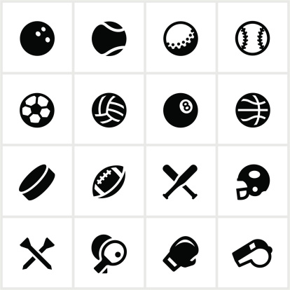 Equipment used in various sports. All white strokes/shapes are cut from the icons and merged allowing the background to show through.