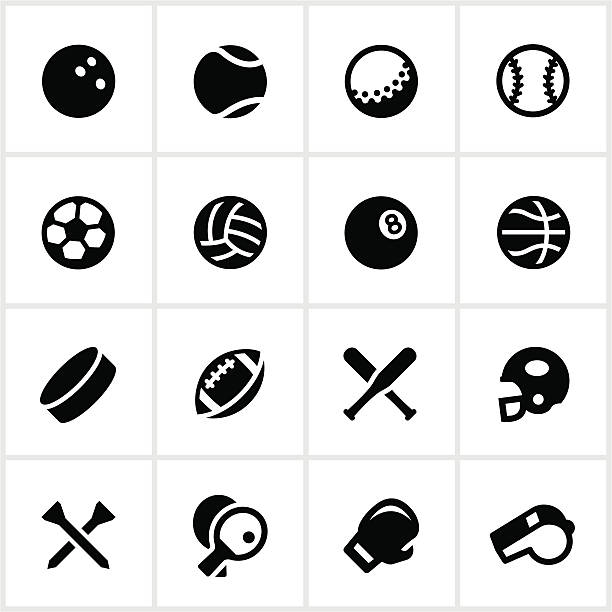 Black and white sports equipment vector icon set Equipment used in various sports. All white strokes/shapes are cut from the icons and merged allowing the background to show through. sports icons stock illustrations