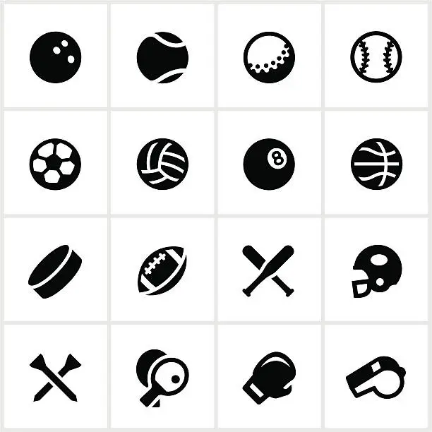 Vector illustration of Black and white sports equipment vector icon set