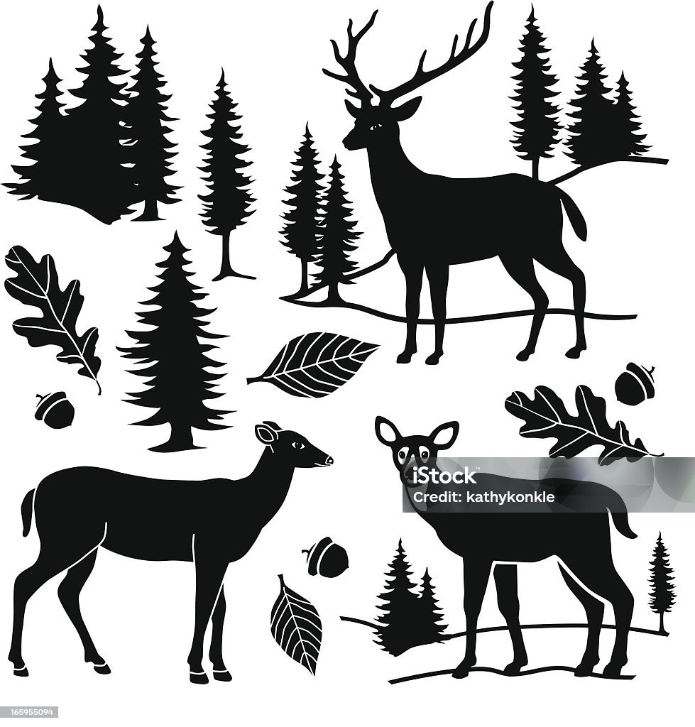 deer and forest design elements A vector collection of design elements with a North American forest theme featuring deer, a stag, pine trees and oak leaves. Pine Tree stock vector