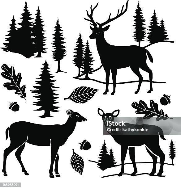 Deer And Forest Design Elements Stock Illustration - Download Image Now - Pine Tree, Icon Symbol, Stencil