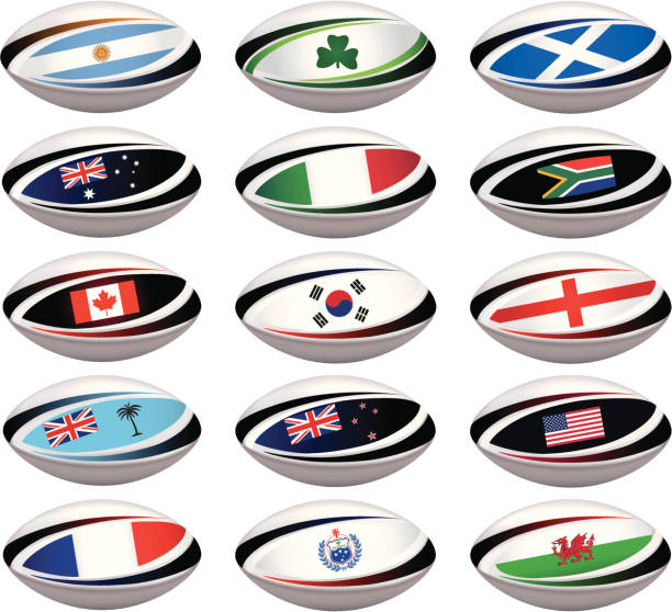 Rugby Ball Collection White rugby balls with national flags. scotland football team stock illustrations