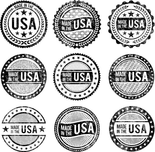 米国製愛国心ブラック&ホワイトのアイコンを設定します - made in the usa sign retro revival label点のイラスト素材／クリップアート素材／マンガ素材／アイコン素材