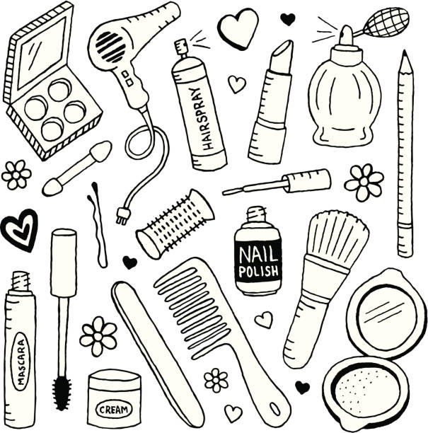 Beauty Doodles A doodle page of beauty supplies and makeup. compact mirror stock illustrations