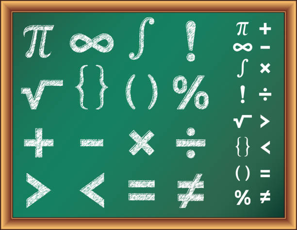 illustrazioni stock, clip art, cartoni animati e icone di tendenza di simboli di matematica su lavagna - equal sign immagine