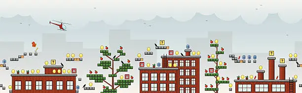 Vector illustration of Tiled 2D arcade game with buildings and helicopter