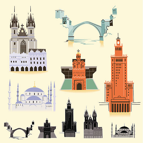 Europe Landmarks 5 eastern European landmarks on a loose sketchy style. stari most mostar stock illustrations