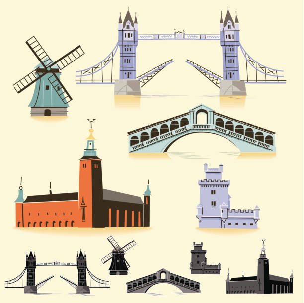 europa punkty orientacyjne - windmill architecture traditional culture mill stock illustrations