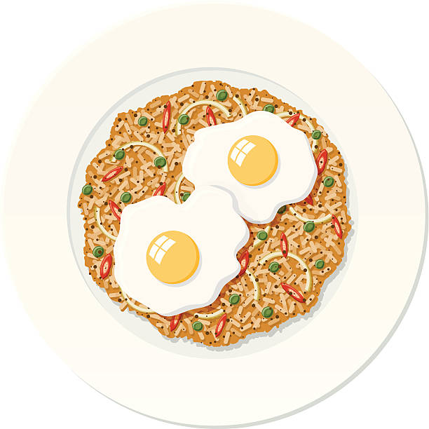 Fried Rice An overhead view of a plate of fried rice with chiles, onions and diced veggies topped with two fried eggs. Called Nasi Goreng, it is often considered a national dish in Southeast Asia, particularly in the Philippines. fried rice stock illustrations