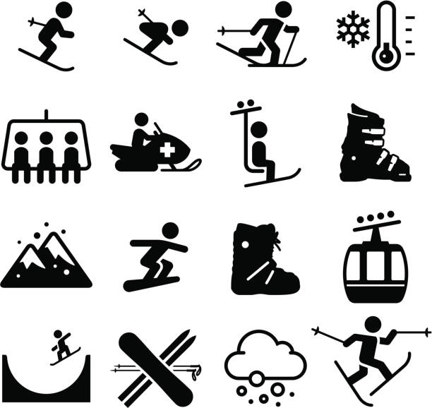 stockillustraties, clipart, cartoons en iconen met ski area icons - black series - skivakantie