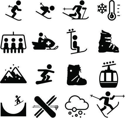 Skiing and snowboarding icons. Professional icons for your print project or Web site. See more in this series.