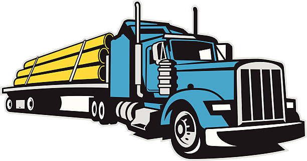 Semi Truck and Trailer hauling a full load of pipes vector art illustration