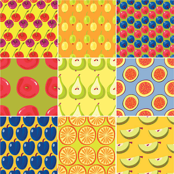 illustrazioni stock, clip art, cartoni animati e icone di tendenza di seamless pattern di frutta e bacche - fig apple portion fruit