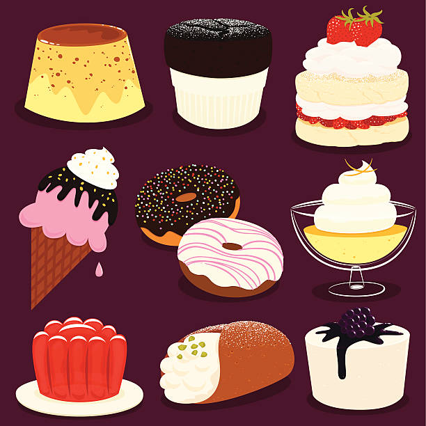desery zestaw ikon-eps8 - cream gelatin dessert berry fruit blueberry stock illustrations