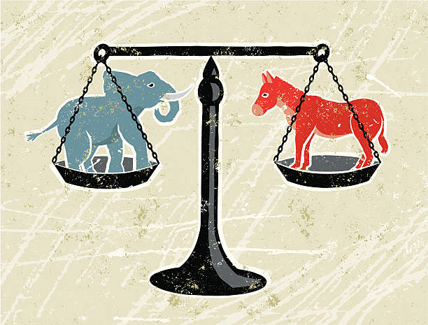 Blue Elephant and Red Donkey Being Weighed on Scales Weigh Up Your Options! A stylized vector cartoon of an elephant and donkey being weighed on scales on fire,reminiscent of an old screen print poster and suggesting choice, contrasts, comparison, Democrats and Republicans, election, American Elections or democracy. Elephant, donkey, scales, paper texture and background are on different layers for easy editing. Please note: clipping paths have been used, an eps version is included without the path. democratic party usa illustrations stock illustrations