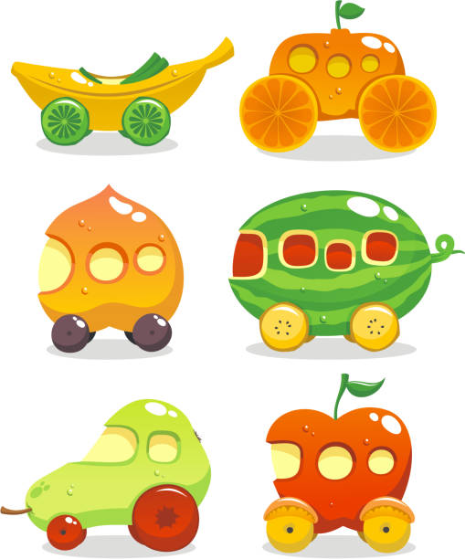 ilustraciones, imágenes clip art, dibujos animados e iconos de stock de conjunto de frutas - car white background isolated on white orange