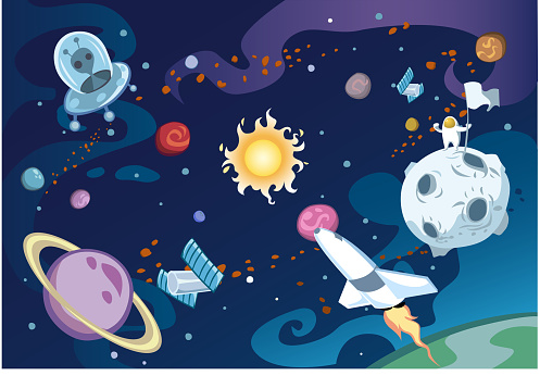 Cartoon galaxy scene featuring spaceship, aliens, sun and the solar system, and an astronaut.
