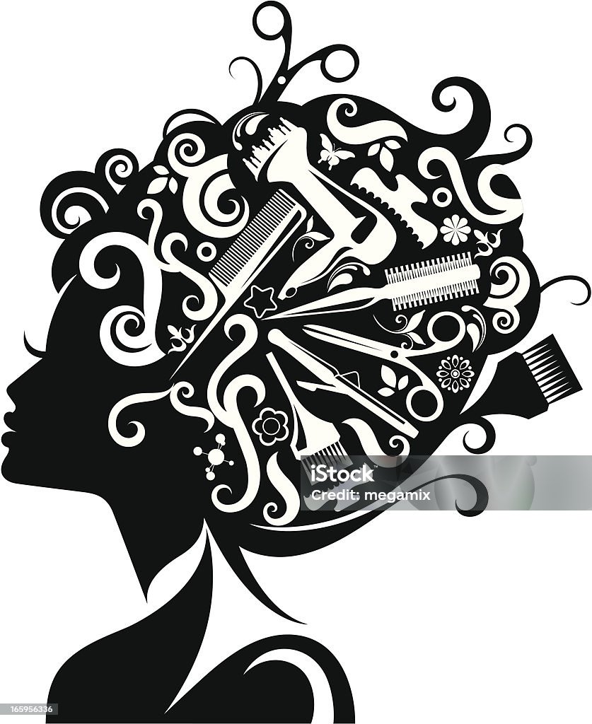Lady's silhouette with hairdressing accessories. Lady's silhouette with hairdressing accessories composed with her hair. Eps and hi-res jpg. Hairdresser stock vector