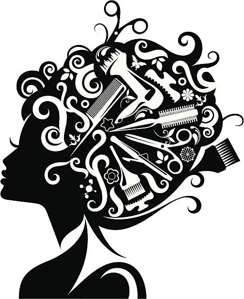 Vector illustration of Lady's silhouette with hairdressing accessories.