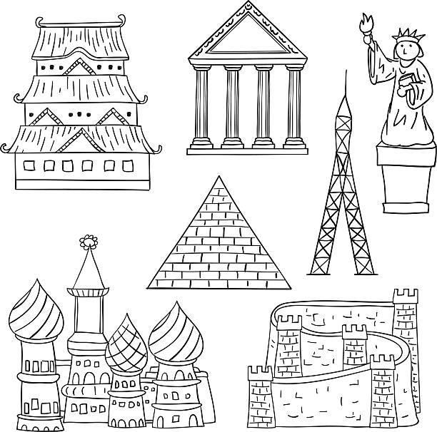 Landmark collection in black and white Landmark collection in line art style, black and white statue of liberty replica stock illustrations
